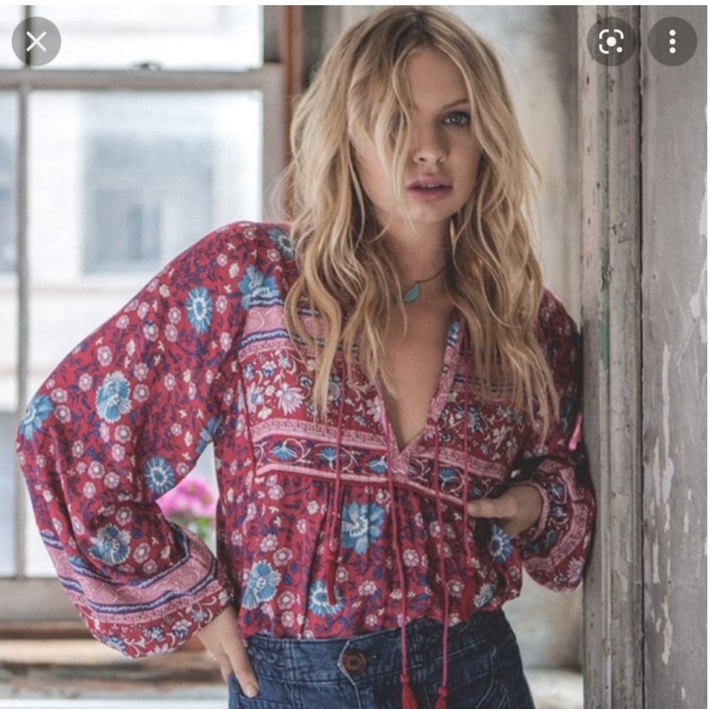 Spell Red Floral Peasant Blouse with Blue Accents